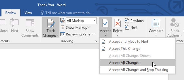 how to accept all changes in word